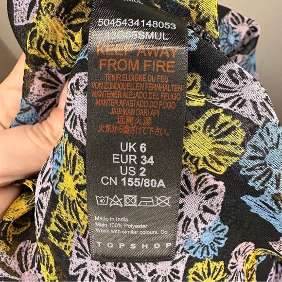Topshop Floral Ruffle Sheer Blouse Women's Size 2 Black Multicolor Long Sleeve - Picture 4 of 5